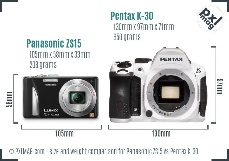Panasonic ZS15 vs Pentax K-30 size comparison