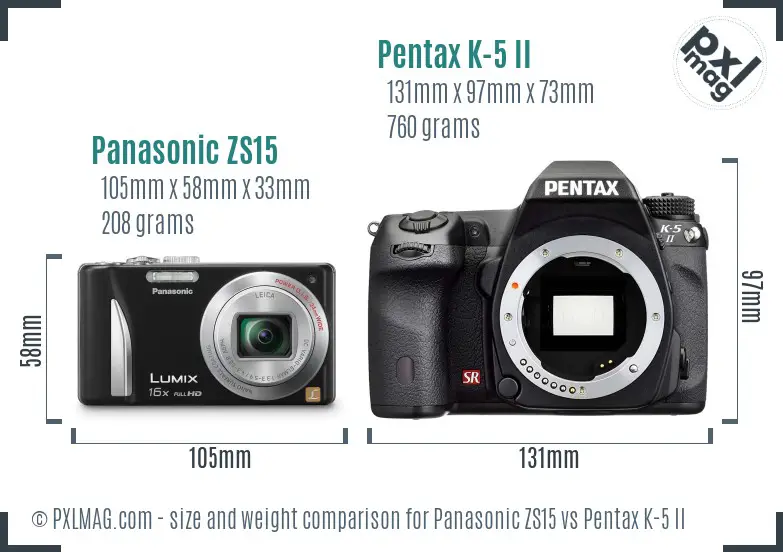 Panasonic ZS15 vs Pentax K-5 II size comparison
