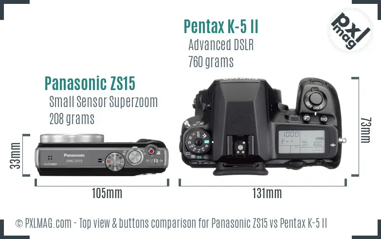 Panasonic ZS15 vs Pentax K-5 II top view buttons comparison