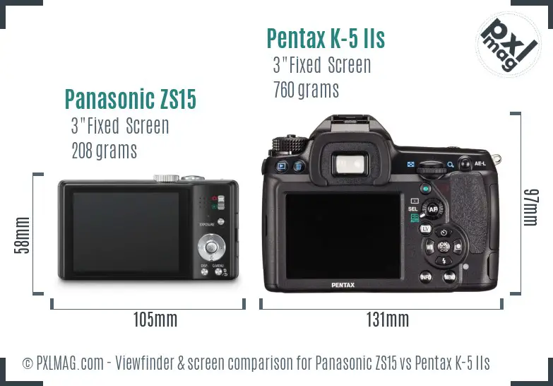 Panasonic ZS15 vs Pentax K-5 IIs Screen and Viewfinder comparison
