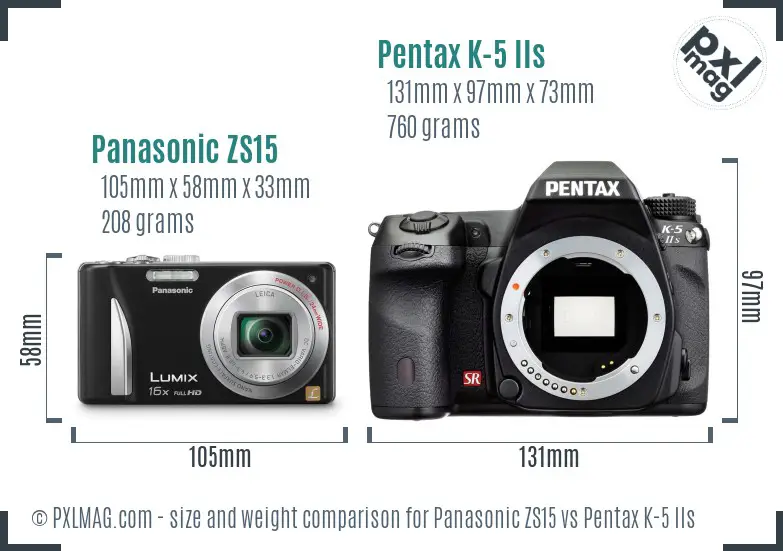 Panasonic ZS15 vs Pentax K-5 IIs size comparison