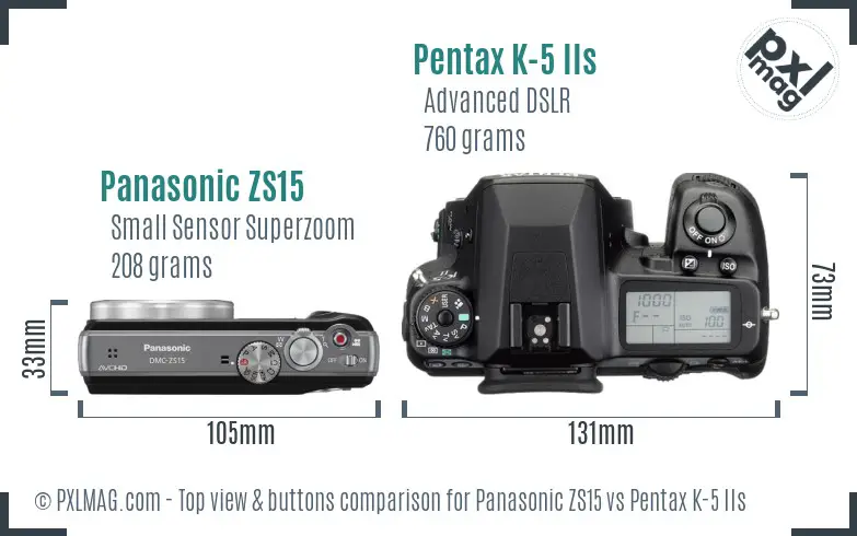 Panasonic ZS15 vs Pentax K-5 IIs top view buttons comparison