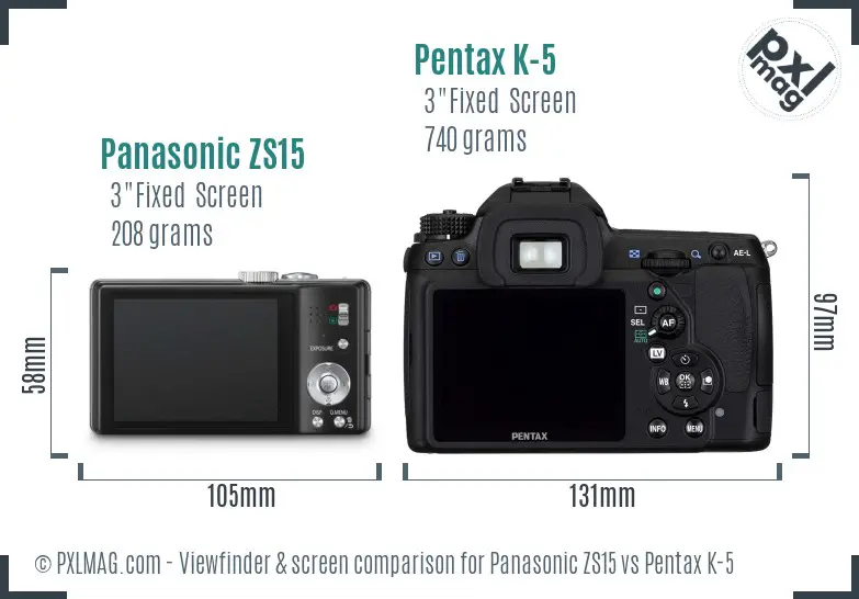Panasonic ZS15 vs Pentax K-5 Screen and Viewfinder comparison