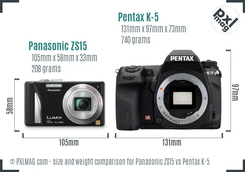 Panasonic ZS15 vs Pentax K-5 size comparison