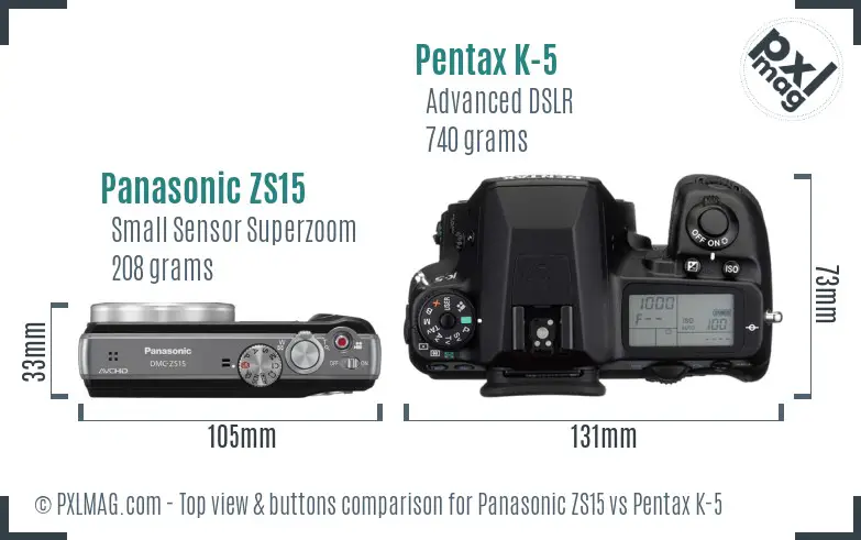 Panasonic ZS15 vs Pentax K-5 top view buttons comparison