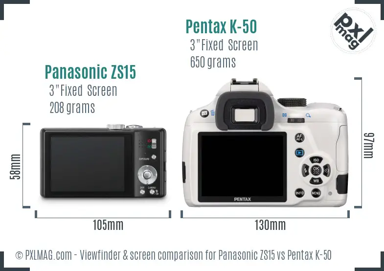 Panasonic ZS15 vs Pentax K-50 Screen and Viewfinder comparison