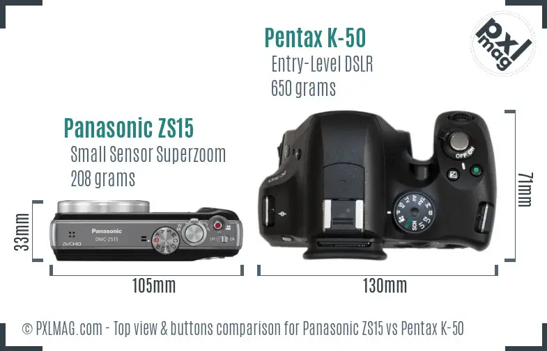 Panasonic ZS15 vs Pentax K-50 top view buttons comparison