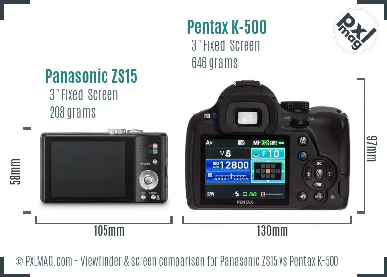 Panasonic ZS15 vs Pentax K-500 Screen and Viewfinder comparison