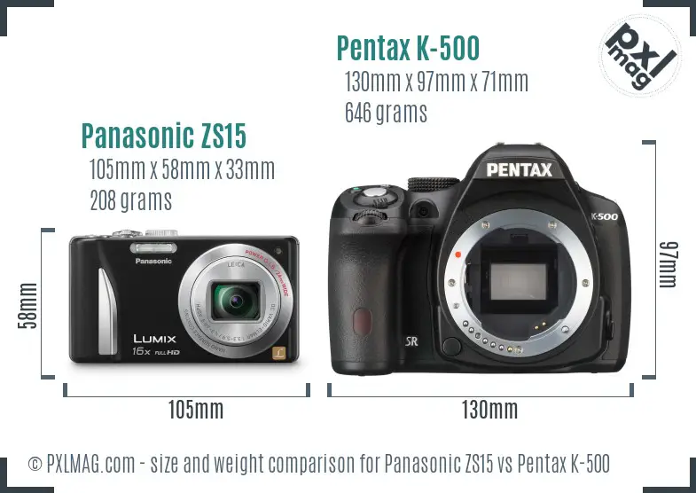 Panasonic ZS15 vs Pentax K-500 size comparison