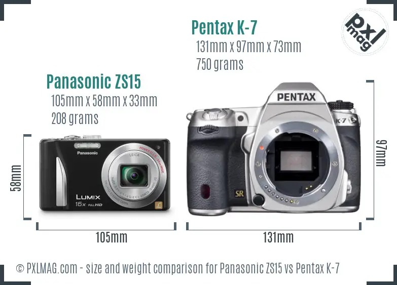 Panasonic ZS15 vs Pentax K-7 size comparison