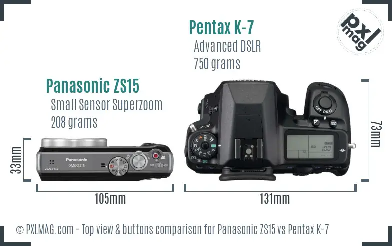 Panasonic ZS15 vs Pentax K-7 top view buttons comparison