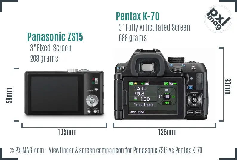 Panasonic ZS15 vs Pentax K-70 Screen and Viewfinder comparison