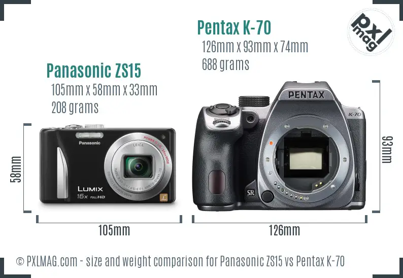 Panasonic ZS15 vs Pentax K-70 size comparison