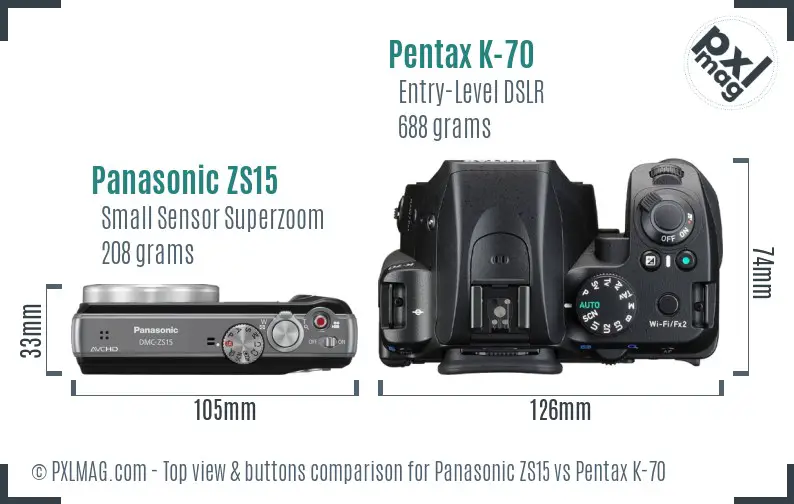 Panasonic ZS15 vs Pentax K-70 top view buttons comparison