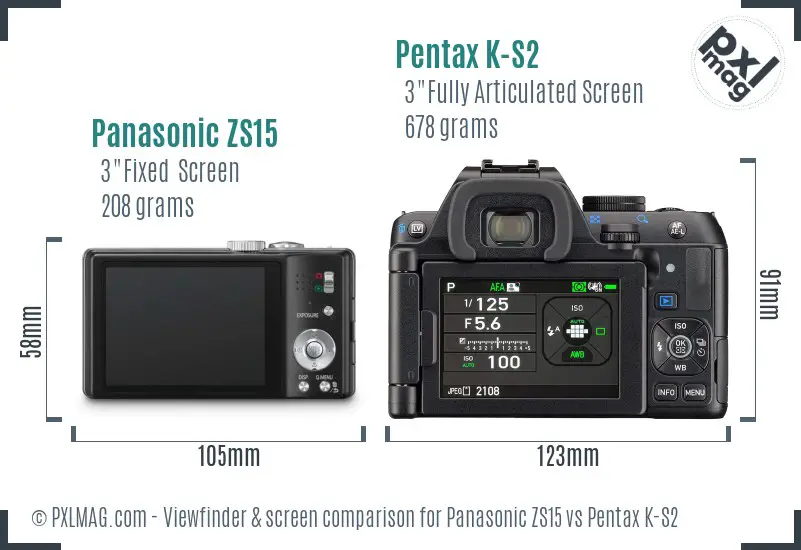 Panasonic ZS15 vs Pentax K-S2 Screen and Viewfinder comparison