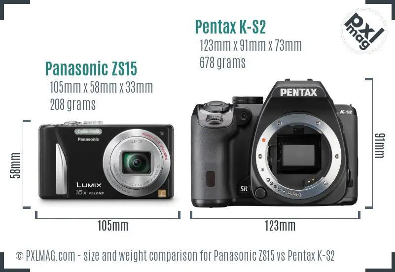 Panasonic ZS15 vs Pentax K-S2 size comparison
