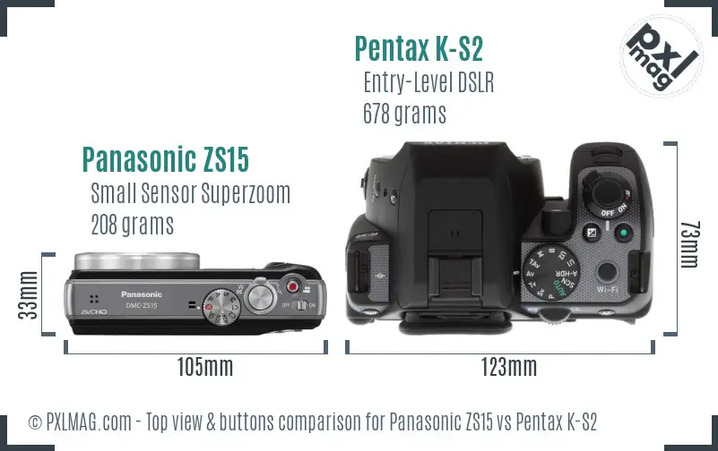 Panasonic ZS15 vs Pentax K-S2 top view buttons comparison