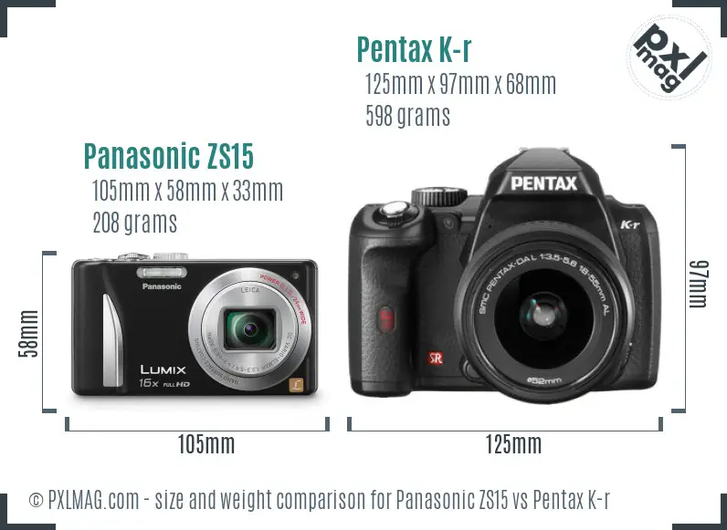 Panasonic ZS15 vs Pentax K-r size comparison