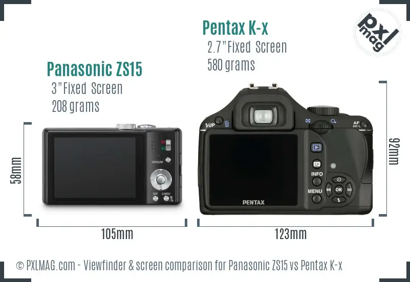 Panasonic ZS15 vs Pentax K-x Screen and Viewfinder comparison