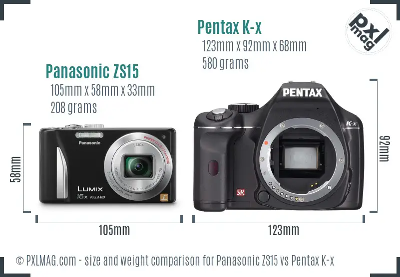 Panasonic ZS15 vs Pentax K-x size comparison