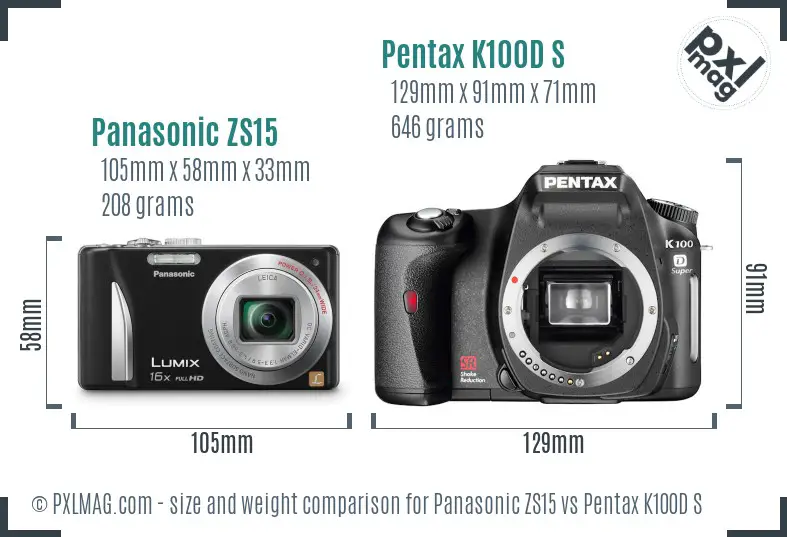 Panasonic ZS15 vs Pentax K100D S size comparison