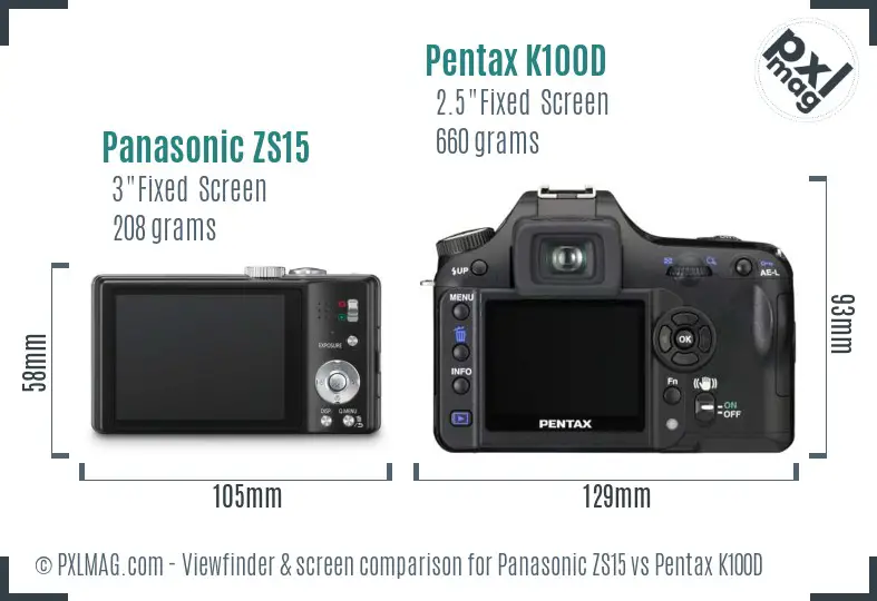 Panasonic ZS15 vs Pentax K100D Screen and Viewfinder comparison