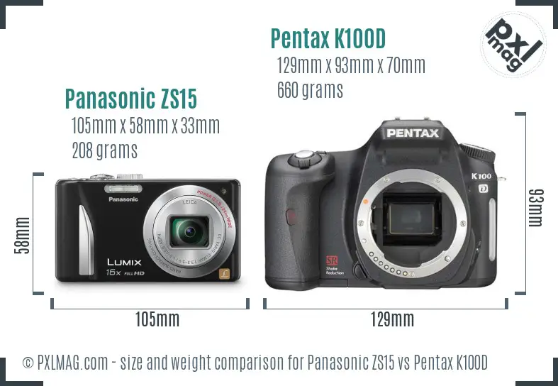 Panasonic ZS15 vs Pentax K100D size comparison
