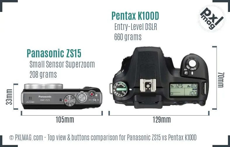 Panasonic ZS15 vs Pentax K100D top view buttons comparison