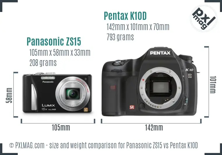Panasonic ZS15 vs Pentax K10D size comparison