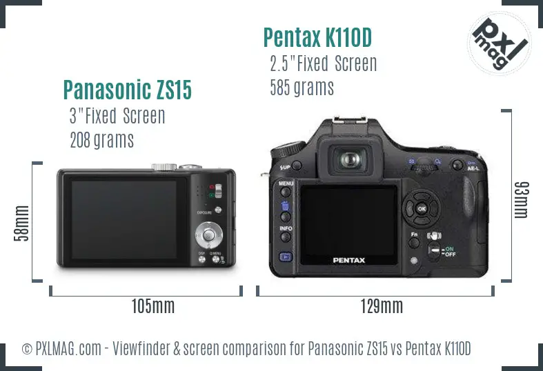 Panasonic ZS15 vs Pentax K110D Screen and Viewfinder comparison