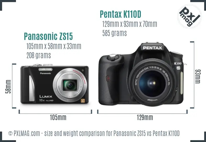 Panasonic ZS15 vs Pentax K110D size comparison