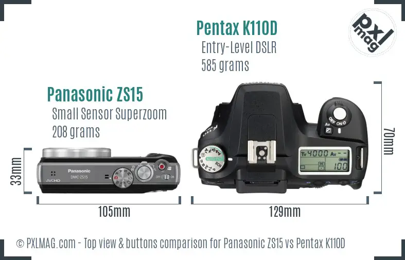 Panasonic ZS15 vs Pentax K110D top view buttons comparison