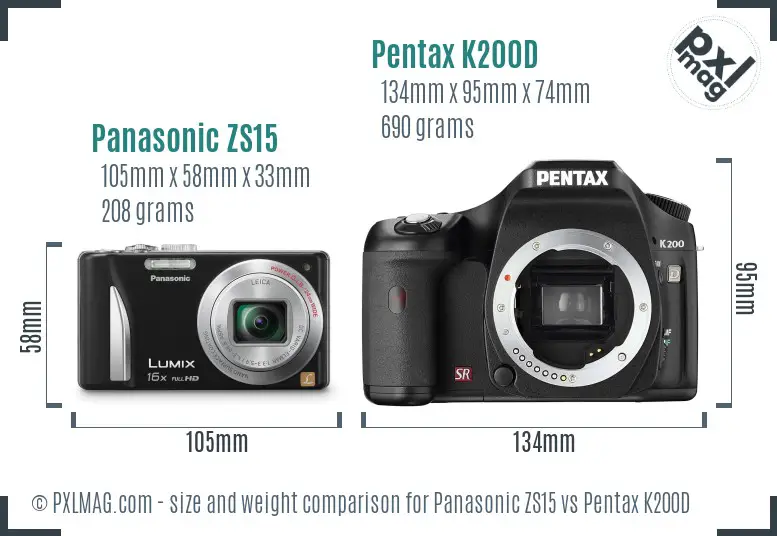 Panasonic ZS15 vs Pentax K200D size comparison