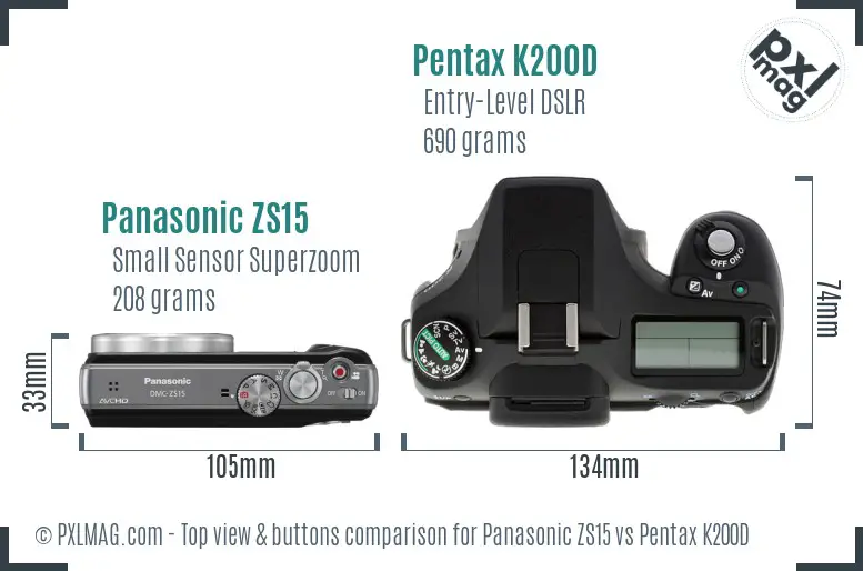 Panasonic ZS15 vs Pentax K200D top view buttons comparison