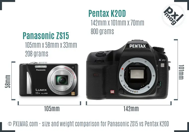Panasonic ZS15 vs Pentax K20D size comparison