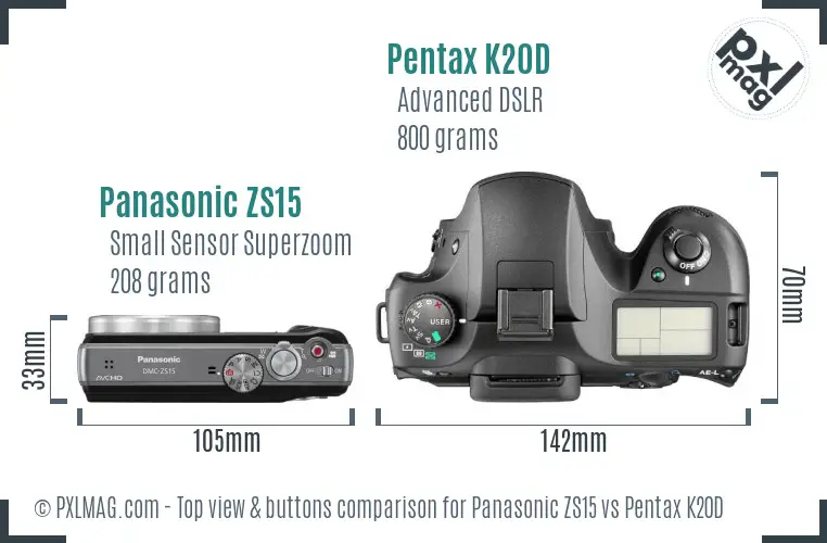 Panasonic ZS15 vs Pentax K20D top view buttons comparison