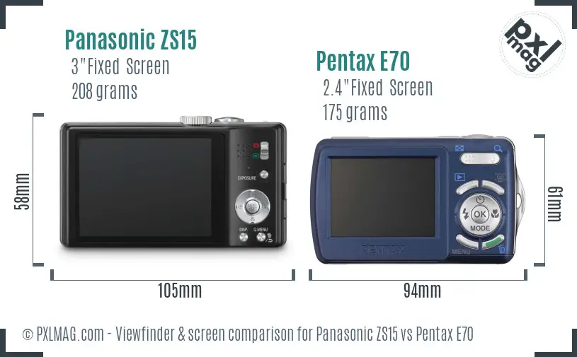 Panasonic ZS15 vs Pentax E70 Screen and Viewfinder comparison