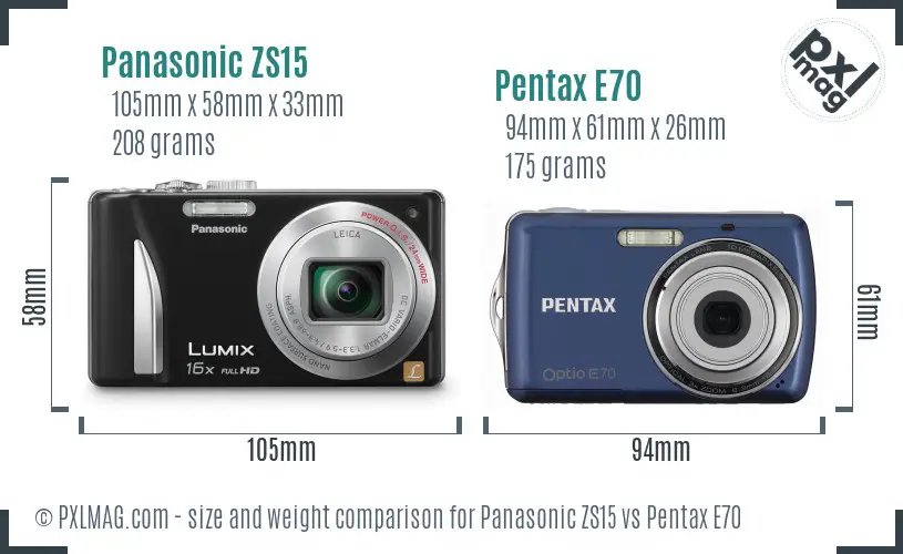 Panasonic ZS15 vs Pentax E70 size comparison