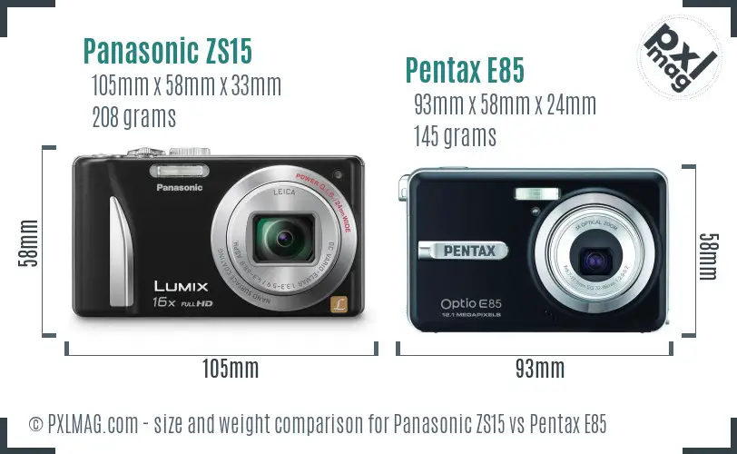 Panasonic ZS15 vs Pentax E85 size comparison