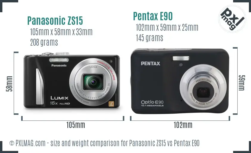 Panasonic ZS15 vs Pentax E90 size comparison