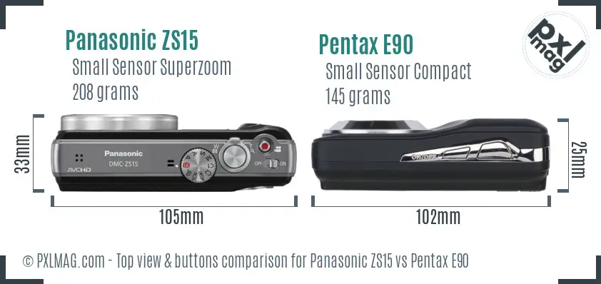 Panasonic ZS15 vs Pentax E90 top view buttons comparison