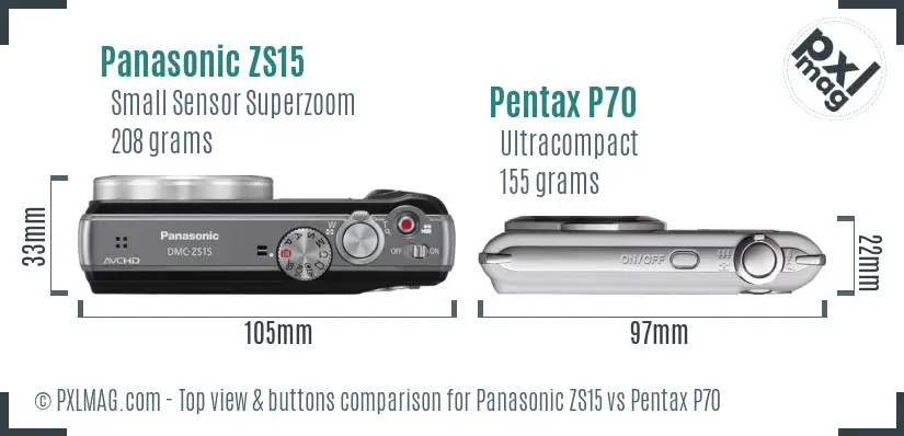 Panasonic ZS15 vs Pentax P70 top view buttons comparison