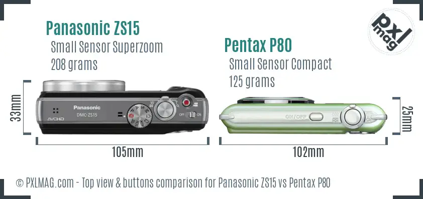 Panasonic ZS15 vs Pentax P80 top view buttons comparison