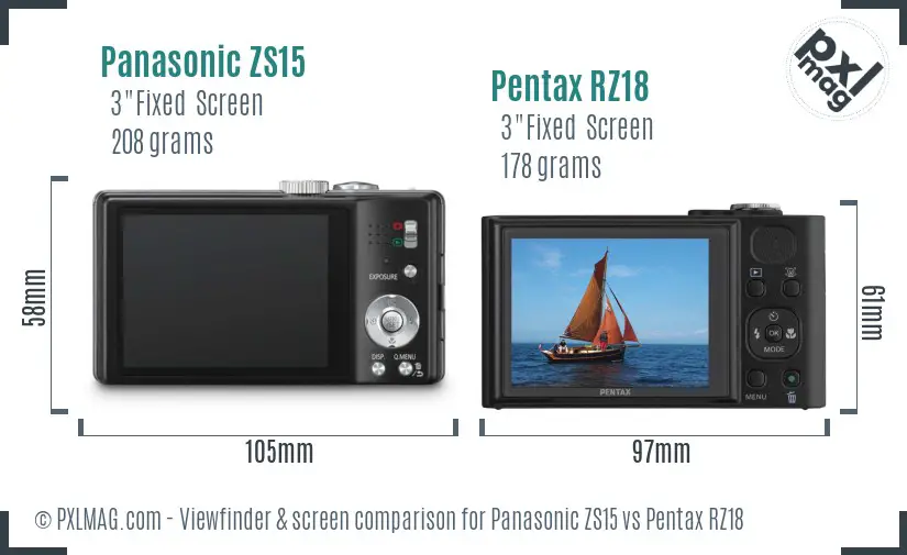 Panasonic ZS15 vs Pentax RZ18 Screen and Viewfinder comparison