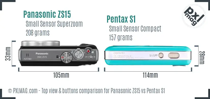 Panasonic ZS15 vs Pentax S1 top view buttons comparison