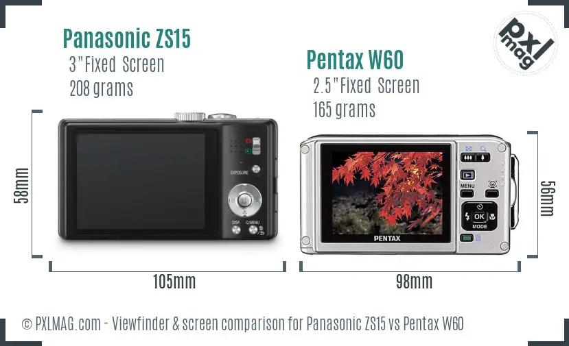 Panasonic ZS15 vs Pentax W60 Screen and Viewfinder comparison