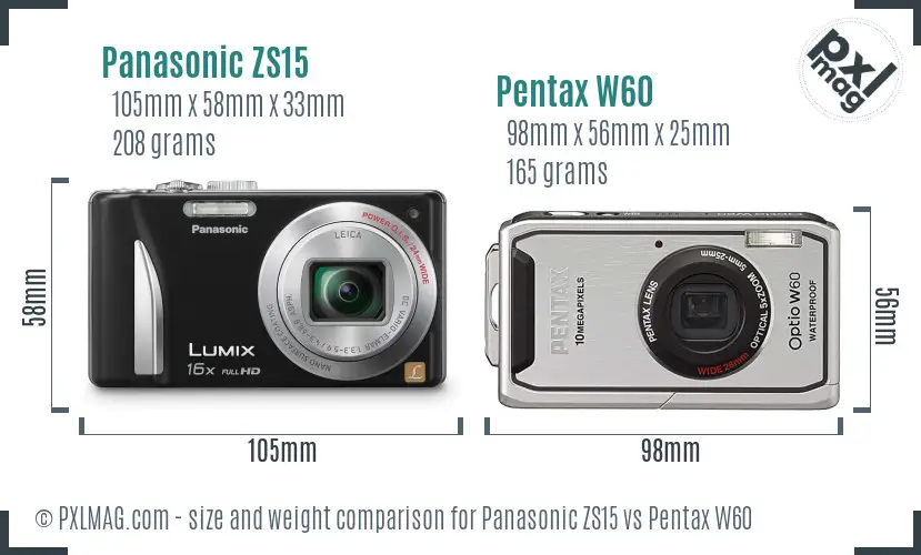 Panasonic ZS15 vs Pentax W60 size comparison