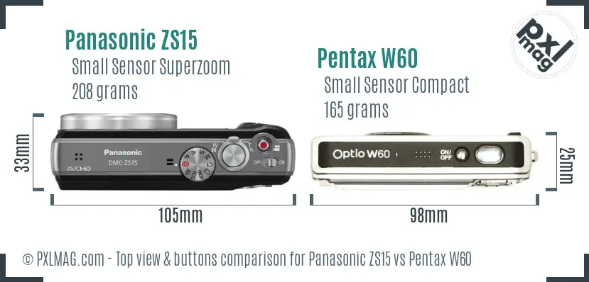 Panasonic ZS15 vs Pentax W60 top view buttons comparison