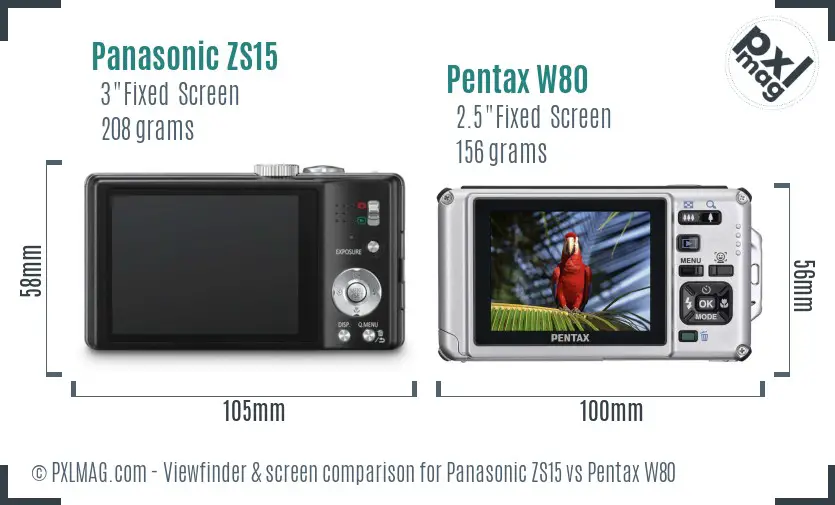 Panasonic ZS15 vs Pentax W80 Screen and Viewfinder comparison