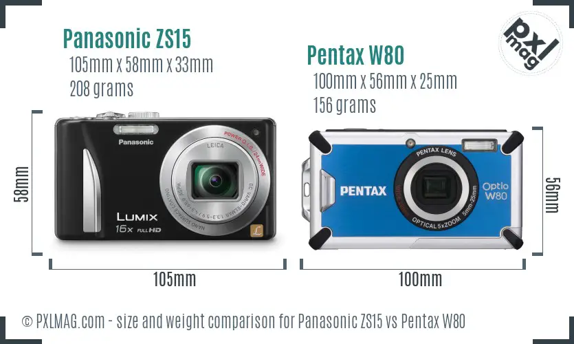 Panasonic ZS15 vs Pentax W80 size comparison